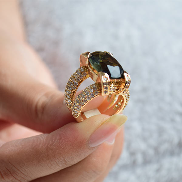 Unique Green Sapphire Big Ring with Diamonds | Gold Plated Jewelry (Size 19)