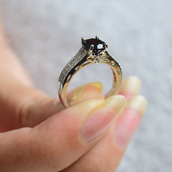 2 Prong Setting Studded Side Stone Black Diamond Ring (Size 17)