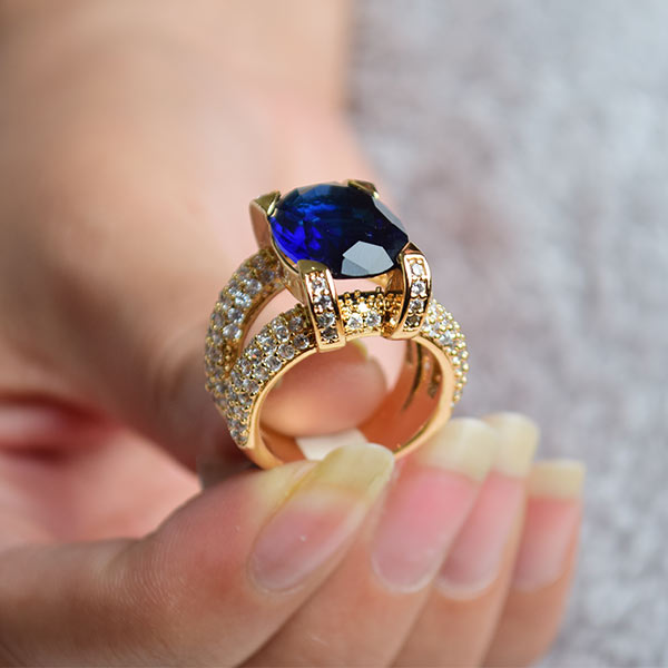 Elegant Blue Sapphire Big Ring with Diamonds | Yellow Gold Plated Jewelry (Size 18)