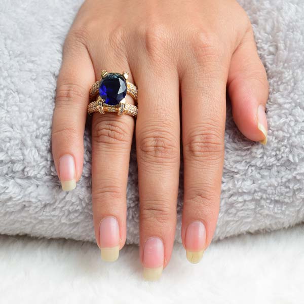 Elegant Blue Sapphire Big Ring with Diamonds | Yellow Gold Plated Jewelry (Size 18)