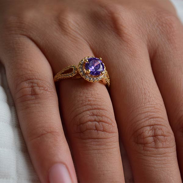 Round Purple Tanzanite with White Topaz | Yellow Gold Plated Silver Ring (Size 19)