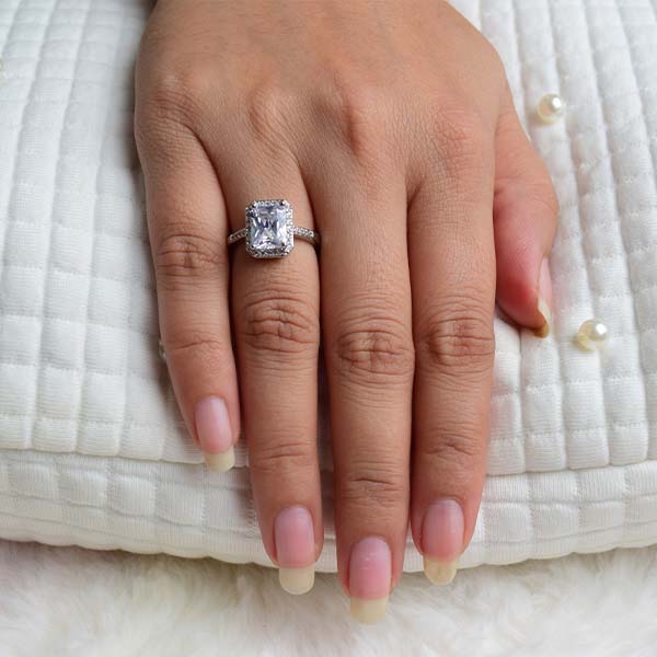 Platinum Emerald Cut Diamond Halo Engagement Ring | Size (17) 