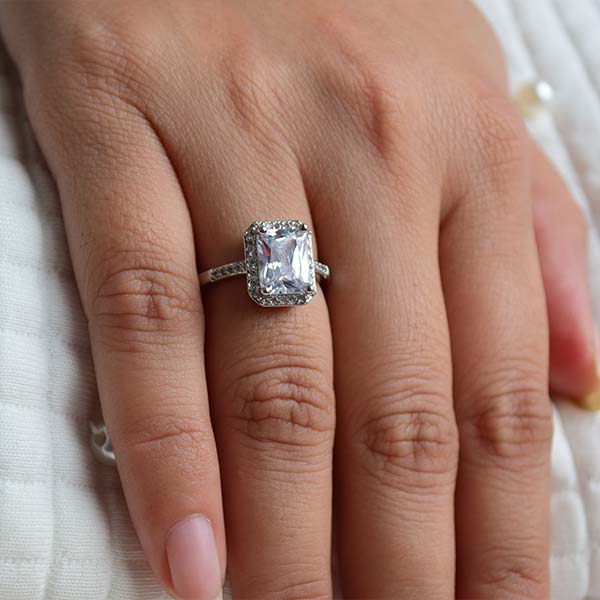 Platinum Emerald Cut Diamond Halo Engagement Ring | Size (17) 