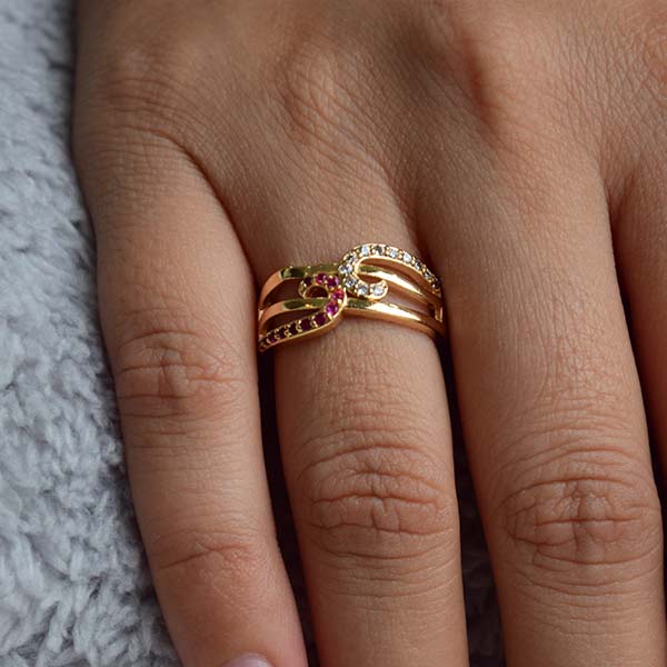 Ruby & Diamond Spinal Ring | Vintage Yellow Gold Engagement Ring (Size 17)