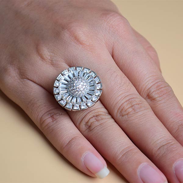 Sterling Silver white Circular-Shaped Ring |Solitaire Shank Studded Ring (S 16)