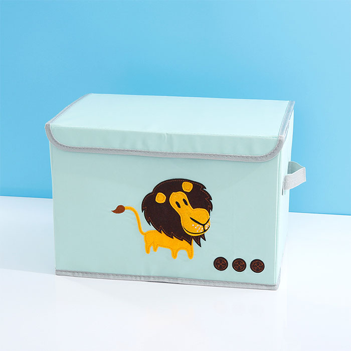 Lion Embroidery Medium Fabric Storage Box In Green Color