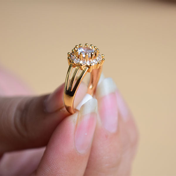Yellow Plated Split Shank Ring | White Sapphire Perfect Halo Engagement Ring (S 16)