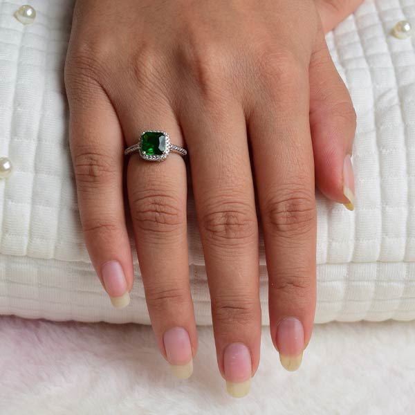 Natural Chrome Diopside Ring Cushion Cut | Emerald Green Crystal Ring (Size 16)