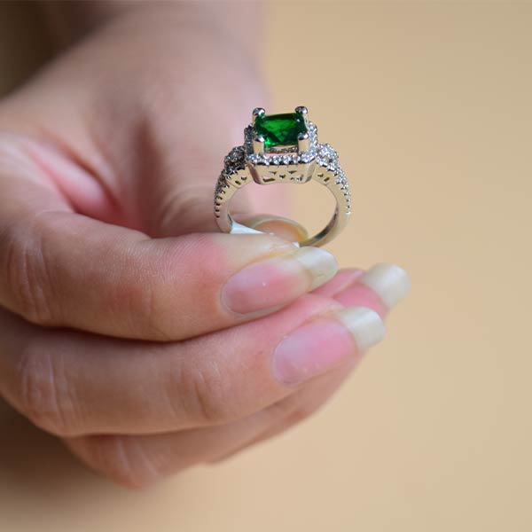 Sterling Silver Green Simulated Emerald Ring | Cushion Nano Green Halo Ring (S 16)