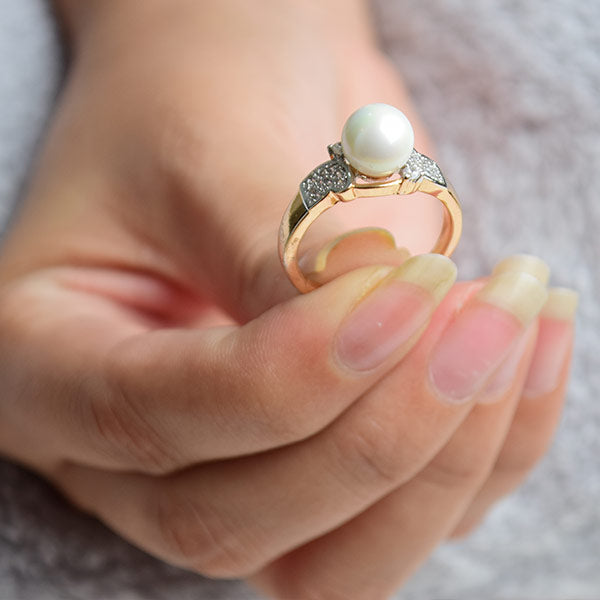 Yellow Gold Pearl and Diamond Ring | Cultured Pearl Ring (Size 18)
