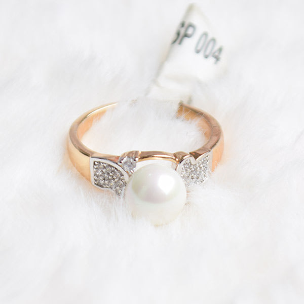 Yellow Gold Pearl and Diamond Ring | Cultured Pearl Ring (Size 18)
