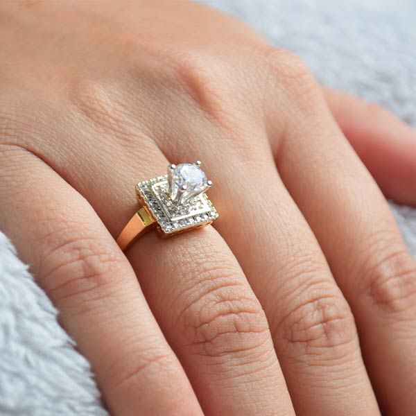 Perfectly Cut top Crystal Round Cut Luxury White Sapphire Silver Ring | Yellow Gold (Size 17)