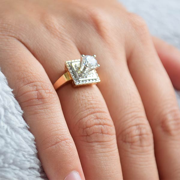 Perfectly Cut top Crystal Round Cut Luxury White Sapphire Silver Ring | Yellow Gold (Size 17)