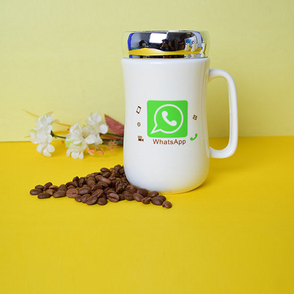 WhatsApp, Facebook, Instagram, YouTube Emoji Mug, Logo Marked White Color Ceramic Coffee Mug with Mirror Lid. (Price For 1 Piece)