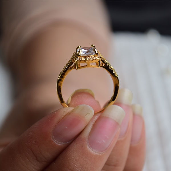 Cushion Shaped Diamond Ring | Gold Plated Ring With Zircons (Size 19)