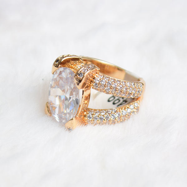 Oval Cocktail Ring | Women's Zircon Crystal Yellow Gold Ring (Size 17)