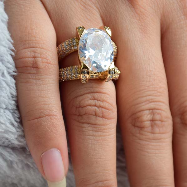 Oval Cocktail Ring | Women's Zircon Crystal Yellow Gold Ring (Size 17)