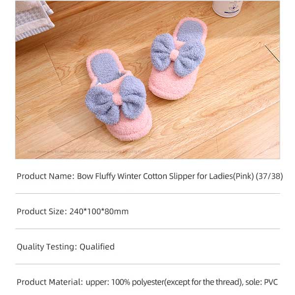 Bow fluffy winter cotton slipper for ladies  (Pink, 37/38)