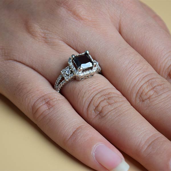 Rectangle Black Simulated Zirconia Halo Ring | Sterling Silver Band (S 17)