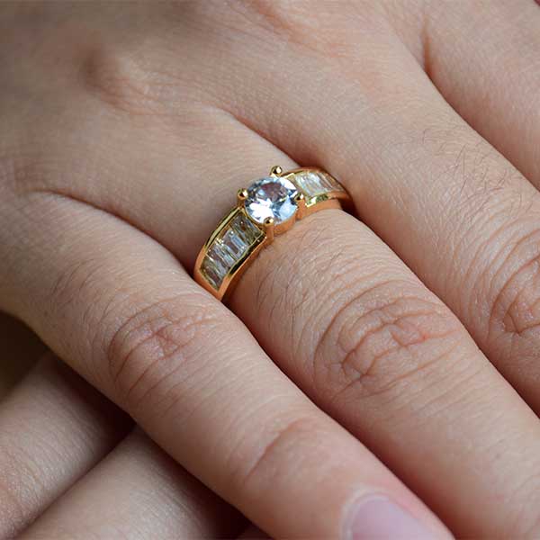 Classic Round Solitaire Engagement Promise Ring | Yellow Gold Round Cut with Pave Set Side Stones (S 17)
