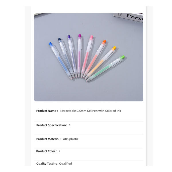 Retractable 0.5mm gel pen with colored ink (Price For 1 Piece)